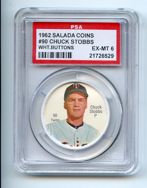 1962 Salada Coins 90 Chuck Stobbs White Buttons PSA EX-MT 6