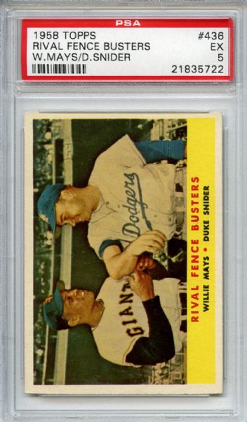 1958 Topps 436 Rival Fence Busters Mays Snider PSA EX 5
