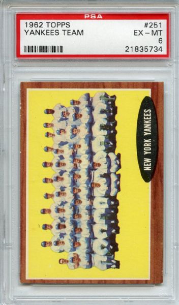 1962 Topps 251 New York Yankees Team PSA EX-MT 6