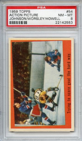 1959 Topps 54 Action Picture Worsley Howell Johnson PSA NM-MT 8