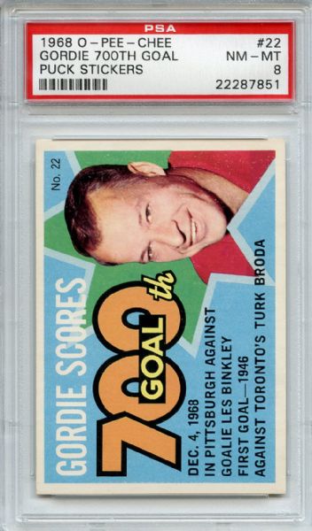 1968 O-Pee-Chee 22 Gordie Howe 700th Goal Puck Stickers PSA NM-MT 8