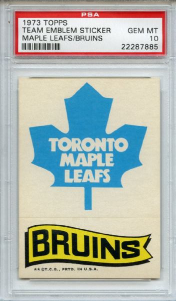 1973 Topps Team Emblem Sticker Maple Leafs Bruins PSA GEM MT 10