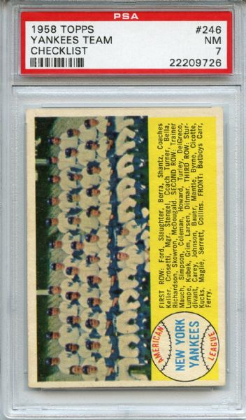 1958 Topps 246 New York Yankees Team Checklist PSA NM 7