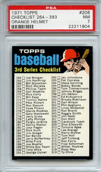 1971 Topps 206 3rd Series Checklist PSA NM 7