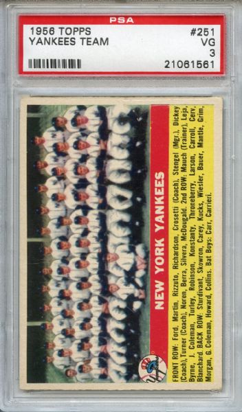 1956 Topps 251 New York Yankees Team PSA VG 3