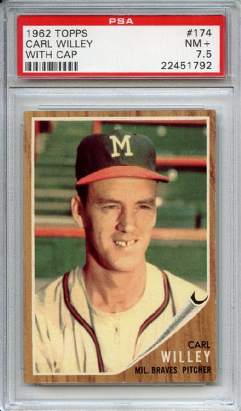 1962 Topps 174 Carl Willey with Cap PSA NM+ 7.5