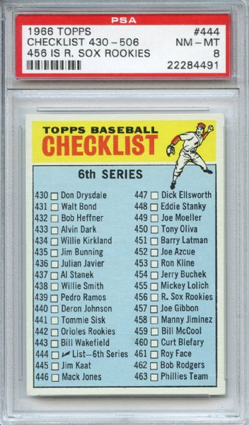 1966 Topps 444 Checklist 456 is R. Sox Rookies PSA NM-MT 8