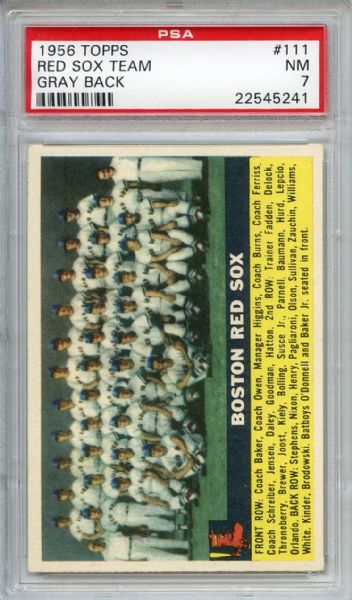 1956 Topps 111 Boston Red Sox Team Gray Back PSA NM 7