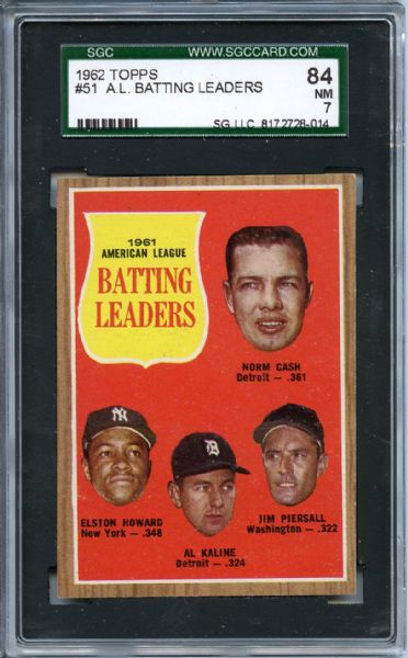 1962 Topps 51 AL Batting Leaders Howard Kaline SGC NM 84 / 7