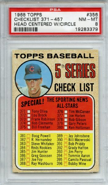 1968 Topps 356 5th Series Checklist PSA NM-MT 8
