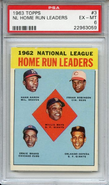 1963 Topps 3 NL Home Run Leaders Aaron Robinson Mays Banks Cepeda PSA EX-MT 6