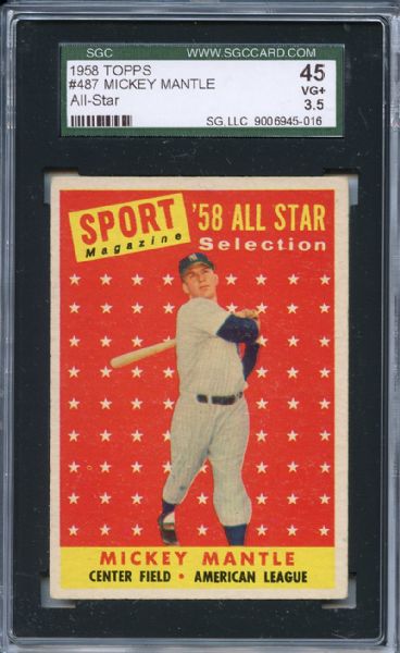 1958 Topps 487 Mickey Mantle All Star SGC VG+ 45 / 3.5