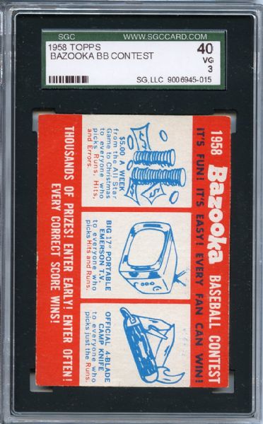 1958 Topps Bazooka Baseball Contest Card SGC VG 40 / 3