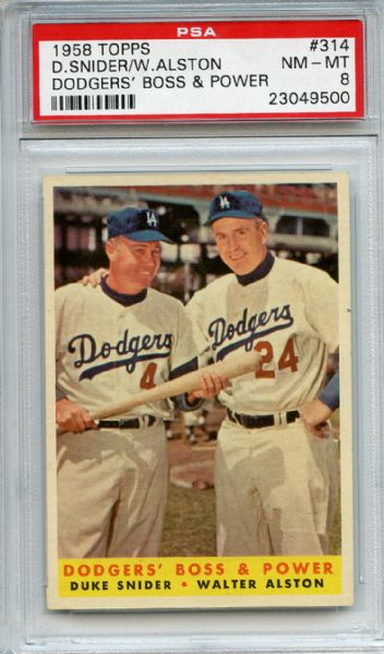 1958 Topps 314 Dodgers' Boss & Power Alston & Snider PSA NM-MT 8