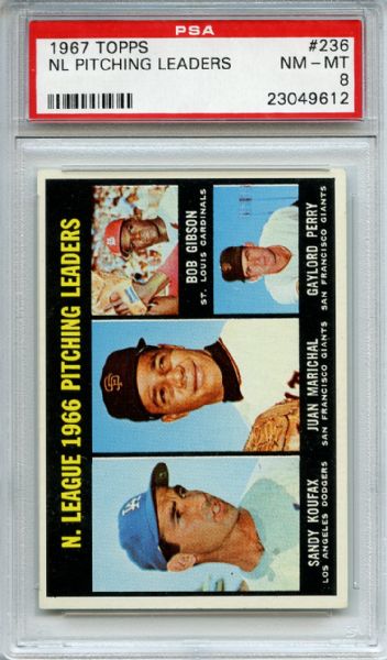 1967 Topps 236 NL Pitching Leaders 236 Koufax Marichal Gibson Perry PSA NM-MT 8