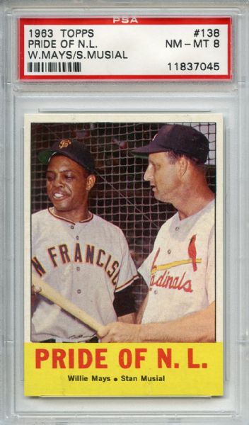 1963 Topps 138 Pride of NL Mays Musial PSA NM-MT 8