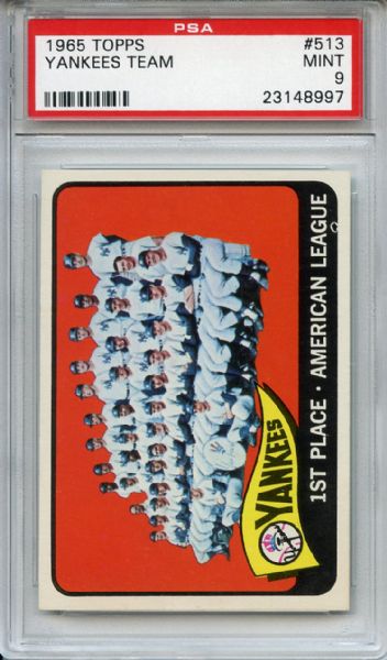 1965 Topps 513 New York Yankees Team PSA MINT 9