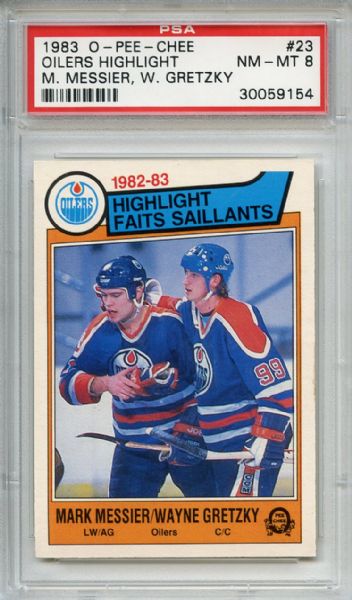1983 O-Pee-Chee 23 Oilers Highlight Messier Gretzky PSA NM-MT 8