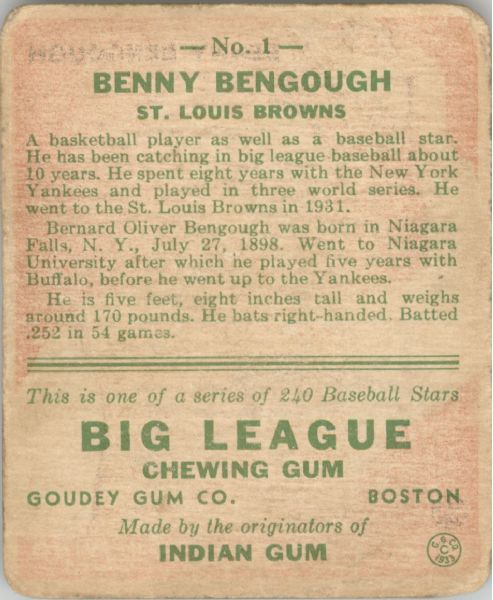 1933 Goudey 1 Benny Bengough RC POOR #D218217