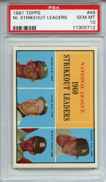 Koufax & Drysdale Topps Baseball Card # 49 1961-1960 STRIKEOUT  LEADERS 