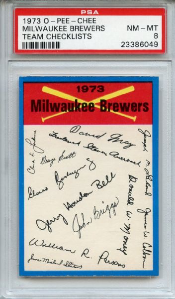 1973 O-Pee-Chee Milwaukee Brewers Team Checklist PSA NM-MT 8