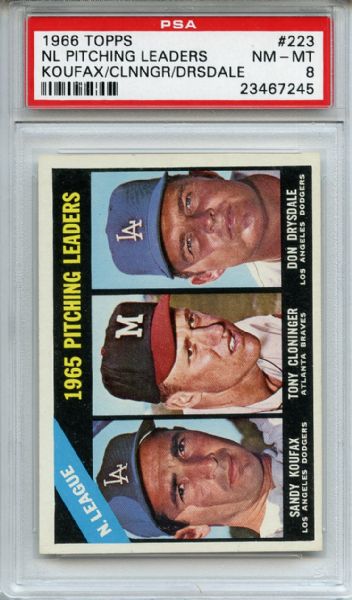 1966 Topps 223 NL Pitching Leaders Koufax Drysdale PSA NM-MT 8