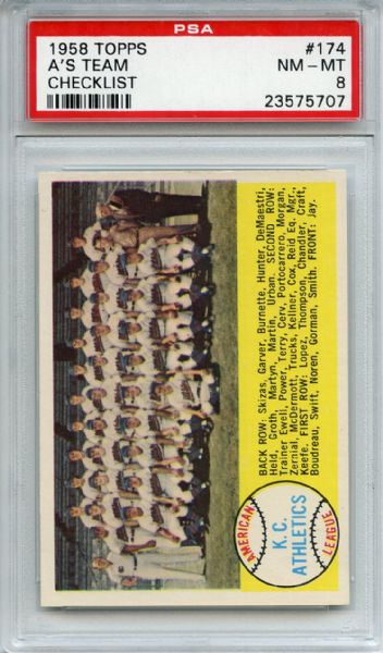 1958 Topps 174 Kansas City Athletics Team PSA NM-MT 8