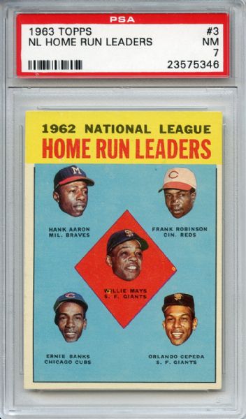 1963 Topps 3 NL Home Run Leaders Mays Aaron Robinson Banks Cepeda PSA NM 7