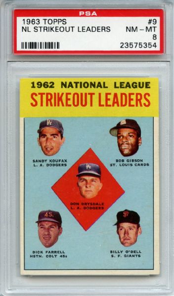 1963 Topps 9 NL Strikeout Leaders Koufax Gibson Drysdale PSA NM-MT 8