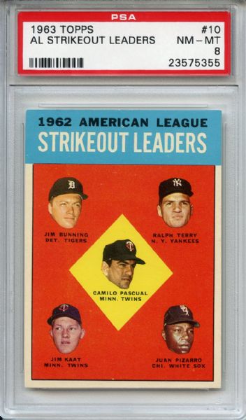 1963 Topps 10 AL Strikeout Leaders Bunning PSA NM-MT 8