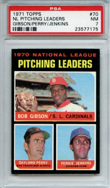 1971 Topps 70 NL Pitching Leaders Gibson Perry Jenkins PSA NM 7