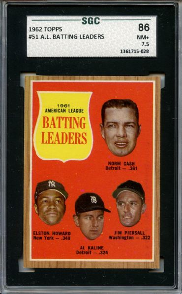 1962 Topps 51 AL Batting Leaders Kaline SGC NM+ 86 / 7.5