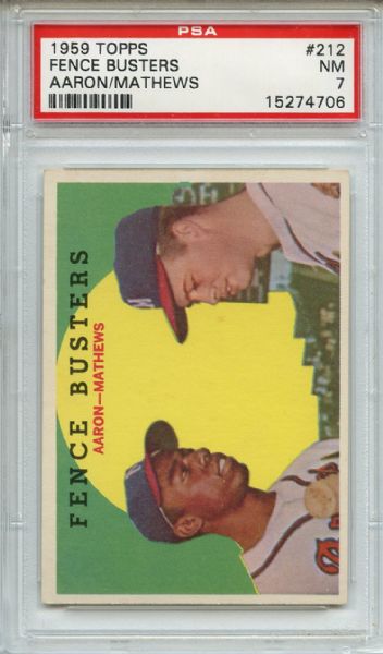 1959 Topps 212 Fence Busters Aaron Mathews White Back PSA NM 7
