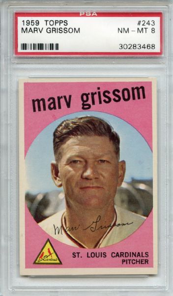 1959 Topps 243 Marv Grissom White Back PSA NM-MT 8