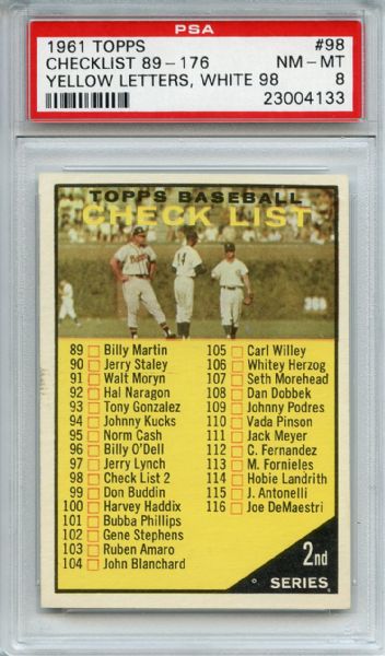 1961 Topps 98 2nd Series Checklist Yellow Letters PSA NM-MT 8