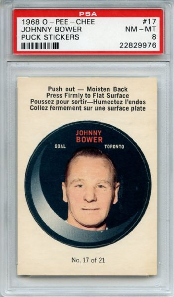 1968 O-Pee-Chee Puck Stickers 17 Johnny Bower PSA NM-MT 8
