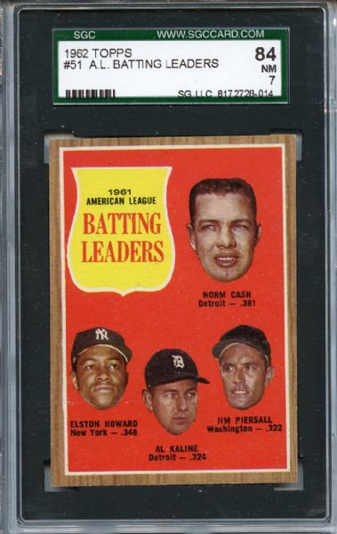 1962 Topps 51 AL Batting Leaders Kaline SGC NM 84 / 7