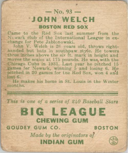 1933 Goudey 93 John Welch RC VG #D254755