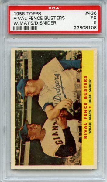 1958 Topps 436 Rival Fence Busters Mays Snider PSA EX 5