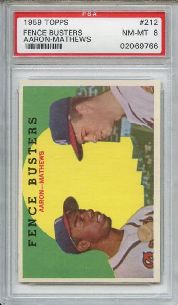 1959 Topps 212 Fence Busters Mathews Aaron Gray Back PSA NM-MT 8