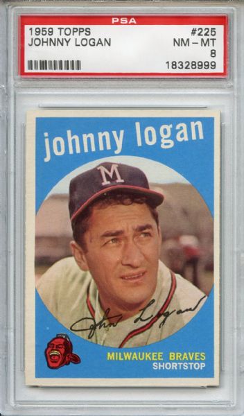 1959 Topps 225 Johnny Logan Gray Back PSA NM-MT 8