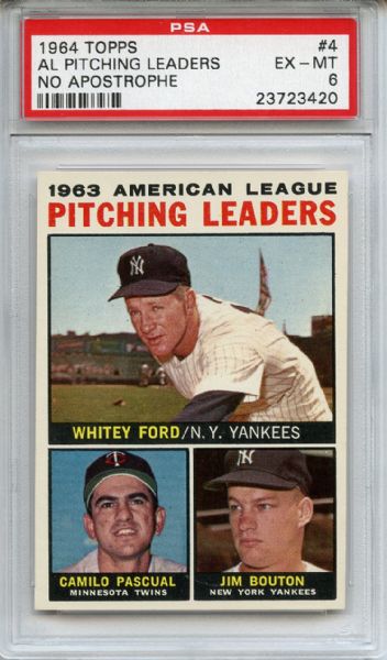 1964 Topps 4 AL Pitching Leaders Ford No Apostrophe PSA EX-MT 6