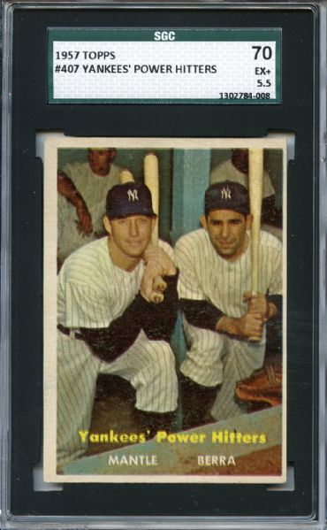 1957 Topps 407 Yankees Power Hitters Mantle Berra SGC EX+ 70 / 5.5