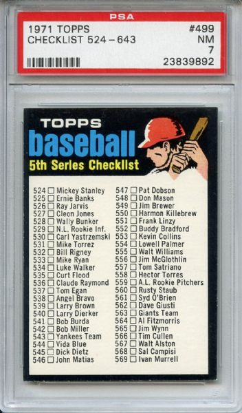 1971 Topps 499 5th Series Checklist PSA NM 7