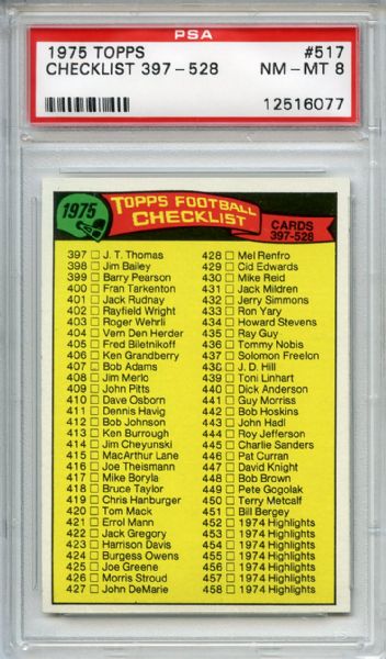 1975 Topps 517 Checklist PSA NM-MT 8