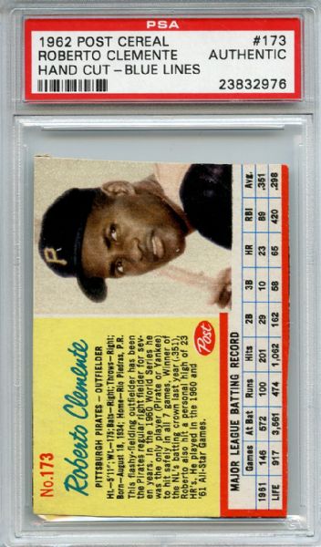 1962 Post Cereal Hand Cut 173 Roberto Clemente PSA Authentic
