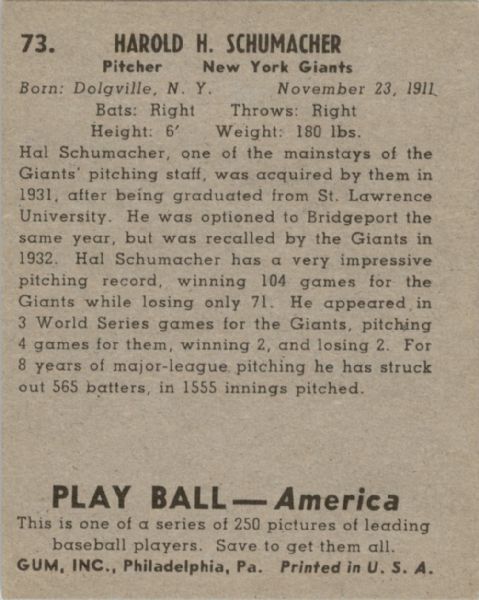 1939 Play Ball 73 Hal Schumacher EX-MT #D288717