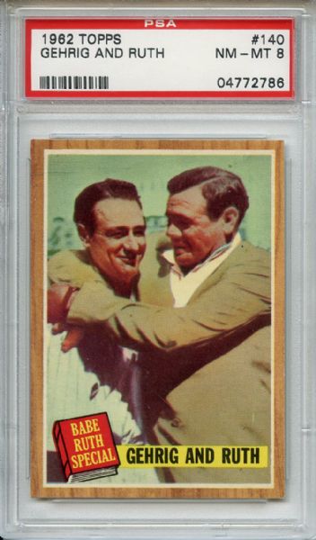 1962 Topps 140 Babe Ruth and Lou Gehrig Green Tint PSA NM-MT 8