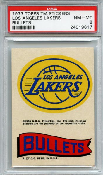 1973 Topps Team Stickers Los Angeles Lakers Bullets PSA NM-MT 8