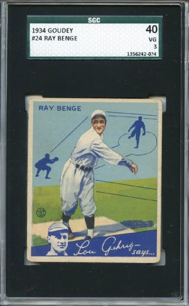 1934 Goudey 24 Ray Benge SGC VG 40 / 3